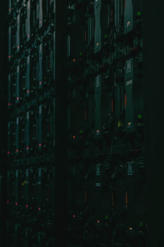 Rear view of modular telecommunications hardware with status LEDs