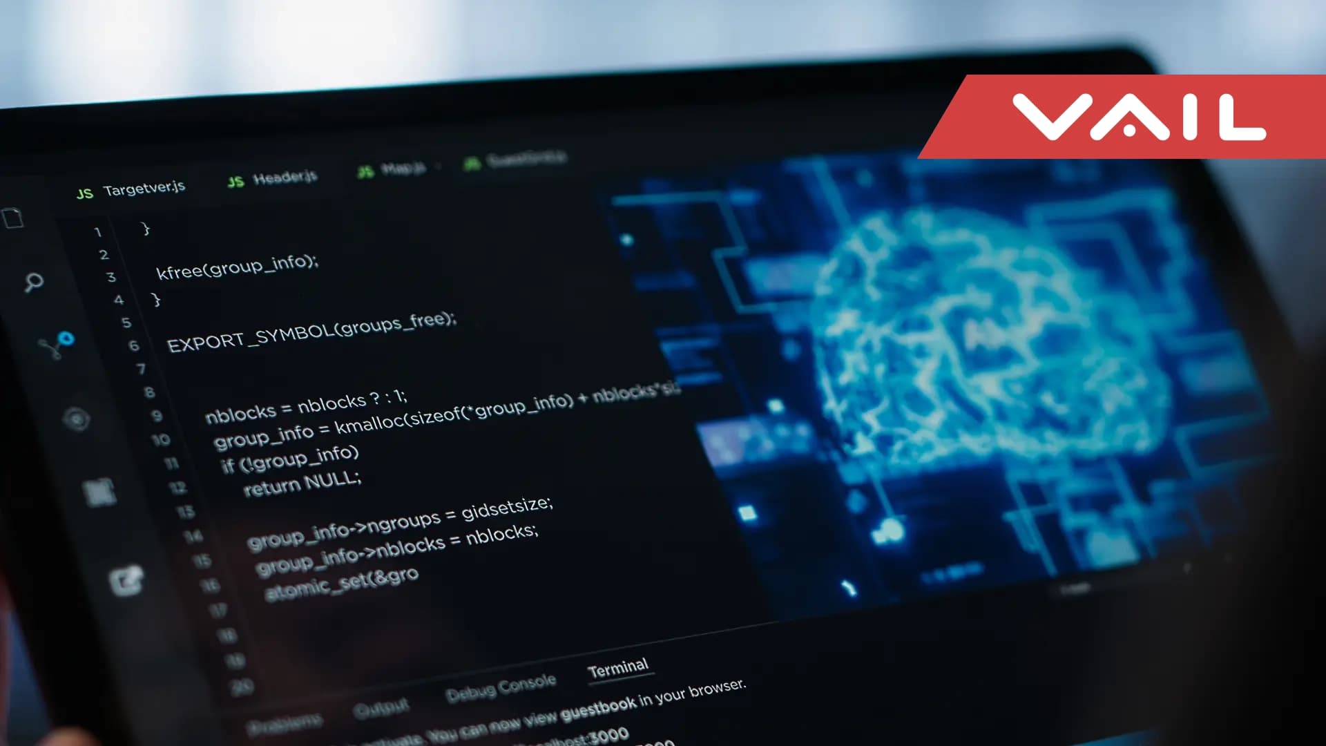Computer screen displaying audit log code beside an AI brain