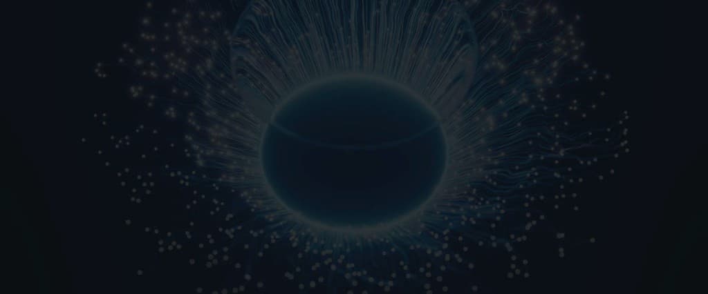 Abstract dark sphere with radiating teal light trails and particles