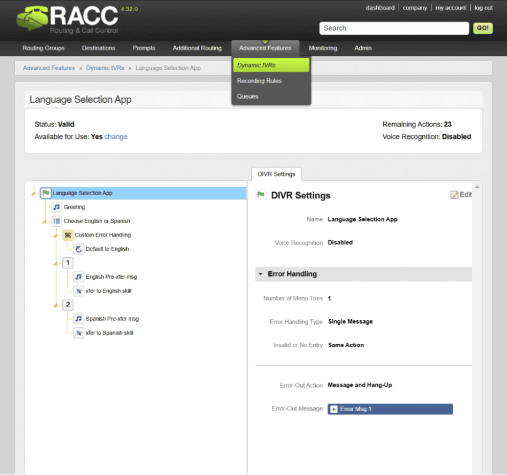 RACC Dynamic IVR builder showing a language selection call flow tree and DIVR settings
