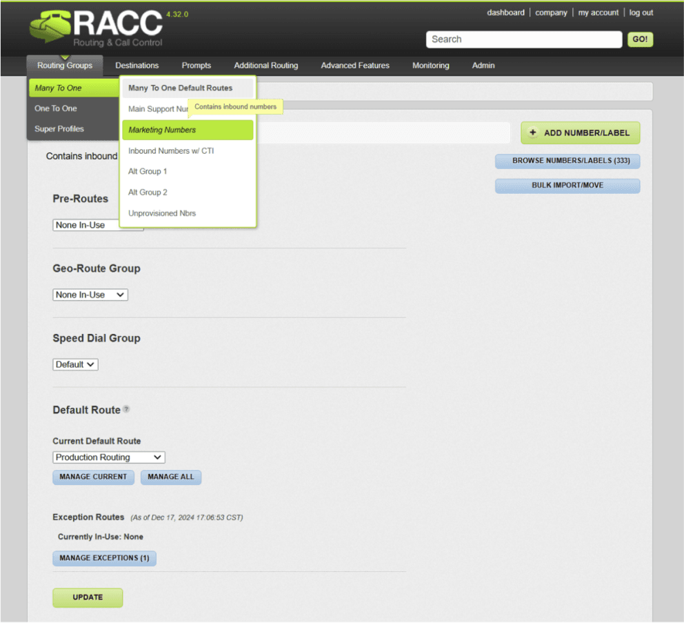 RACC portal showing Marketing Numbers routing group settings including pre-routes, geo-route, and default route options