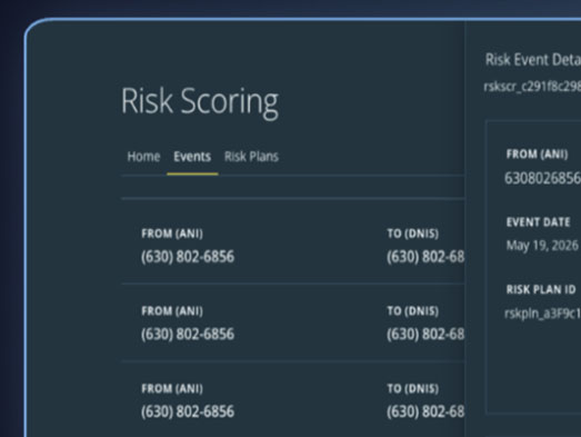 Risk Scoring events screen showing call ANI and DNIS list with risk event detail panel